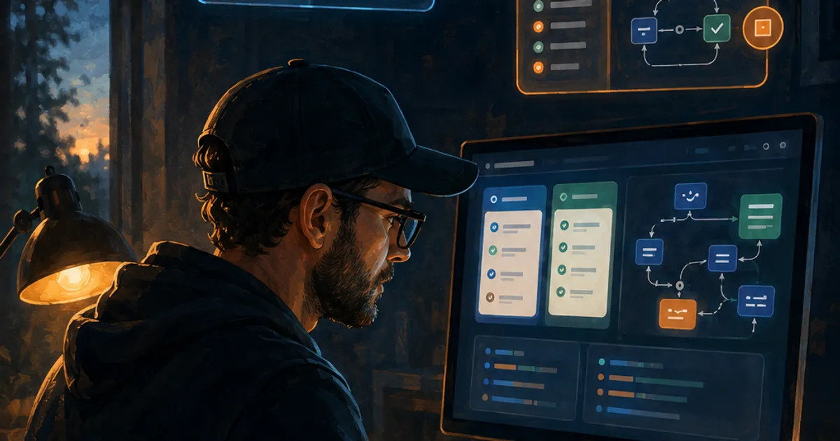 Painterly illustration of a developer at a dark desk, reviewing task boards and agent workflow diagrams on a monitor and floating panels