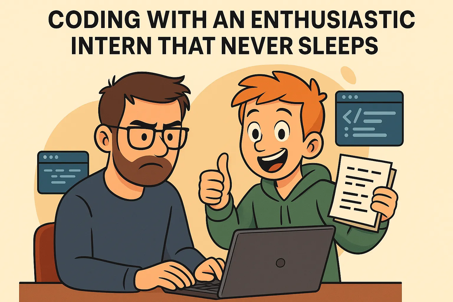 Cartoon illustration of a tired-looking software developer typing on a laptop while an overly enthusiastic intern grins, gives a thumbs-up, and holds a sheet of code. Floating code windows surround them, with the caption “Coding With an Enthusiastic Intern That Never Sleeps” above
