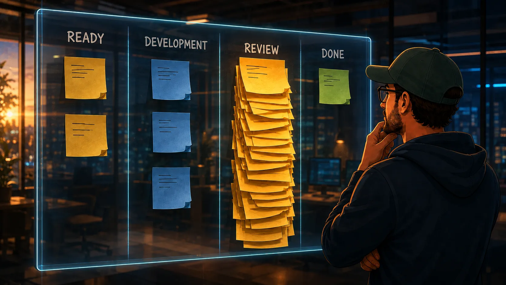 A developer wearing a green cap studies a glass story board with Ready, Development, Review, and Done lanes, with most sticky notes piled up in Review.